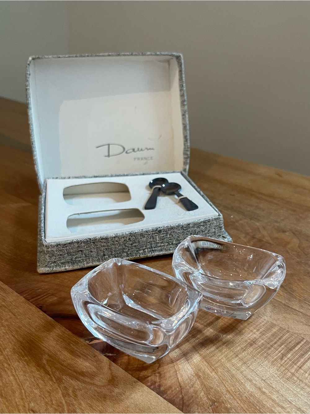 Vintage Mid-Century Daum Crystal France Salt Bowls w Spoons In Box MCM Cristal